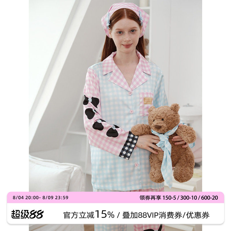 汝曼司女粉蓝甜格蝴蝶结印花睡衣