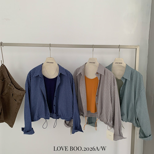 LOVE BOO-纹抽绳衬衫+u领百搭背心两件套套装(不配披肩,眼镜)L990