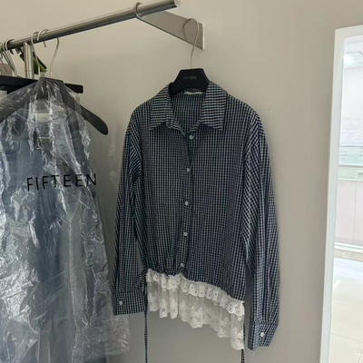 FIFTEEN-26年早春复古格纹拼接蕾丝花边设计感长袖衬衫5920