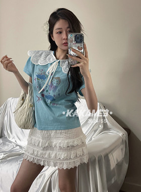 【KAKAMEE】卡通喷画蕾丝拼接短袖T恤(配坎肩)s1982#8