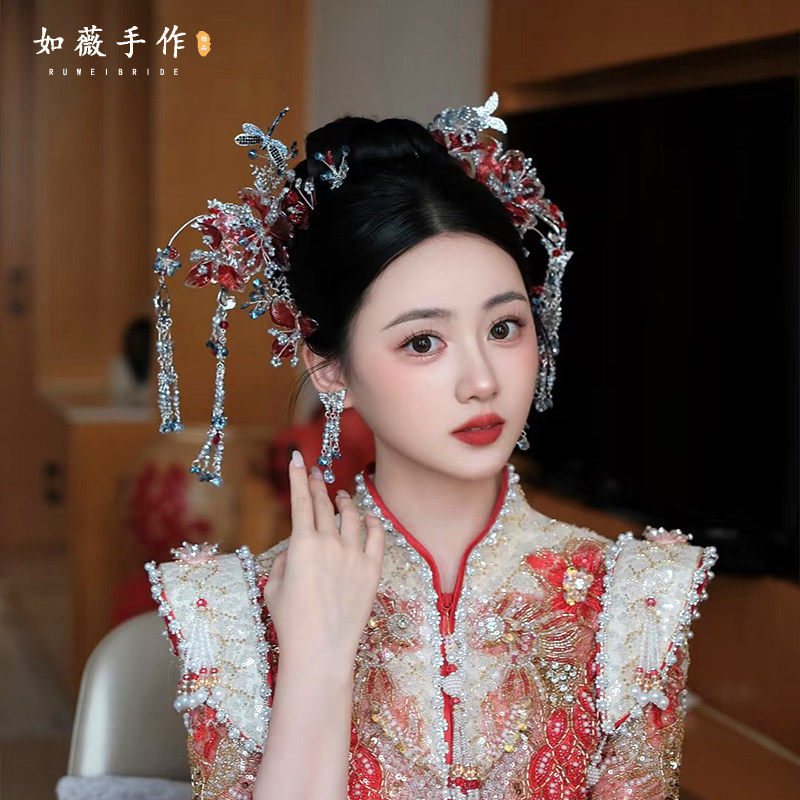 新款新娘中式头饰红色发簪步摇发饰秀禾服龙凤褂古典婚礼盘发配饰