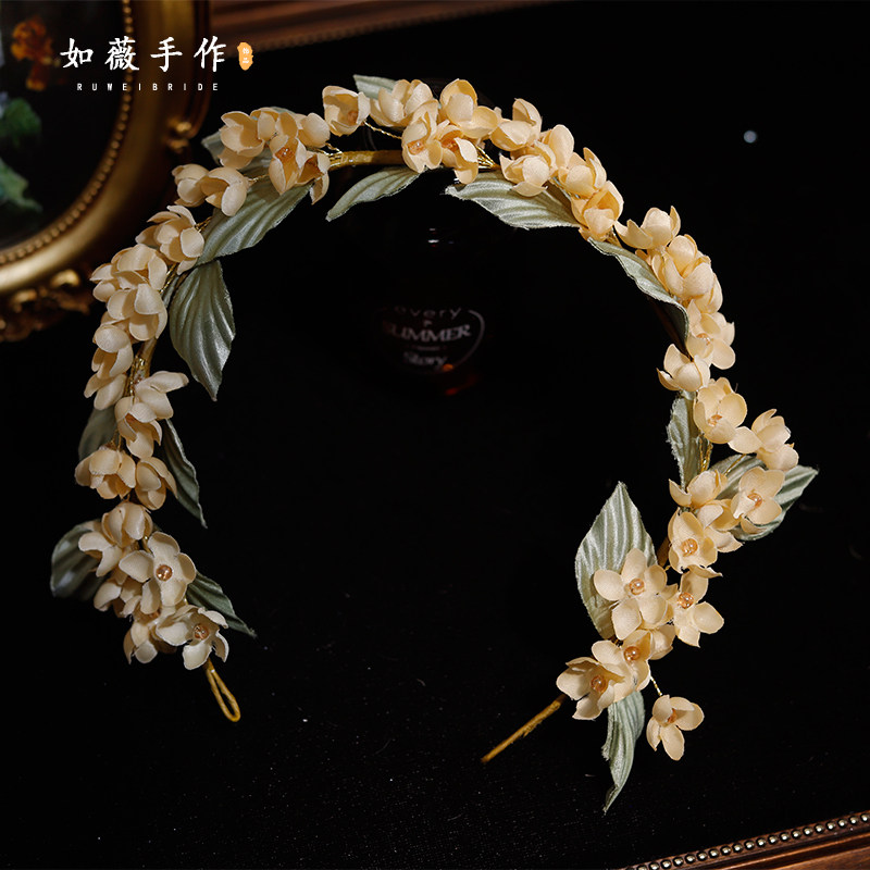 如薇新款手作森系新娘杏色发饰