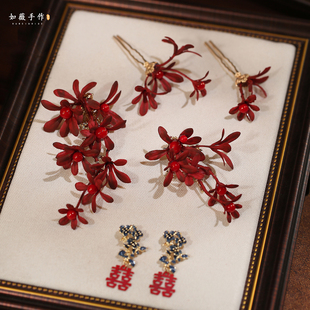 新款国风超仙红色仿真花侧边夹新娘敬酒服头饰高级感晨袍旗袍发饰