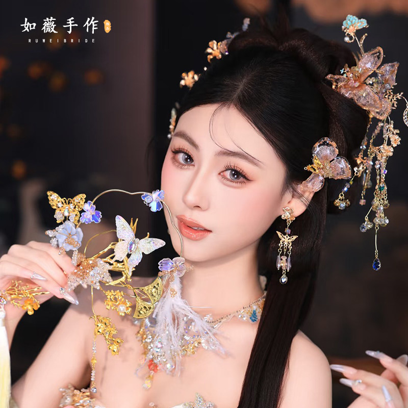 茹薇高级感减龄款新娘秀禾头饰橘粉色水晶琉璃花朵秀禾发簪六件套