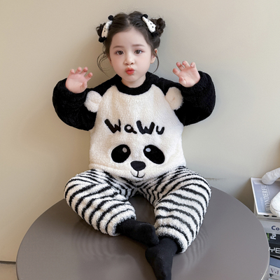 儿童睡衣女童秋冬款2025新款法兰绒双层加厚熊猫家居服中小童套装