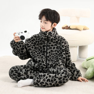 儿童套装男童睡衣冬季家居服大童加厚珊瑚绒加绒秋冬款男孩法兰绒