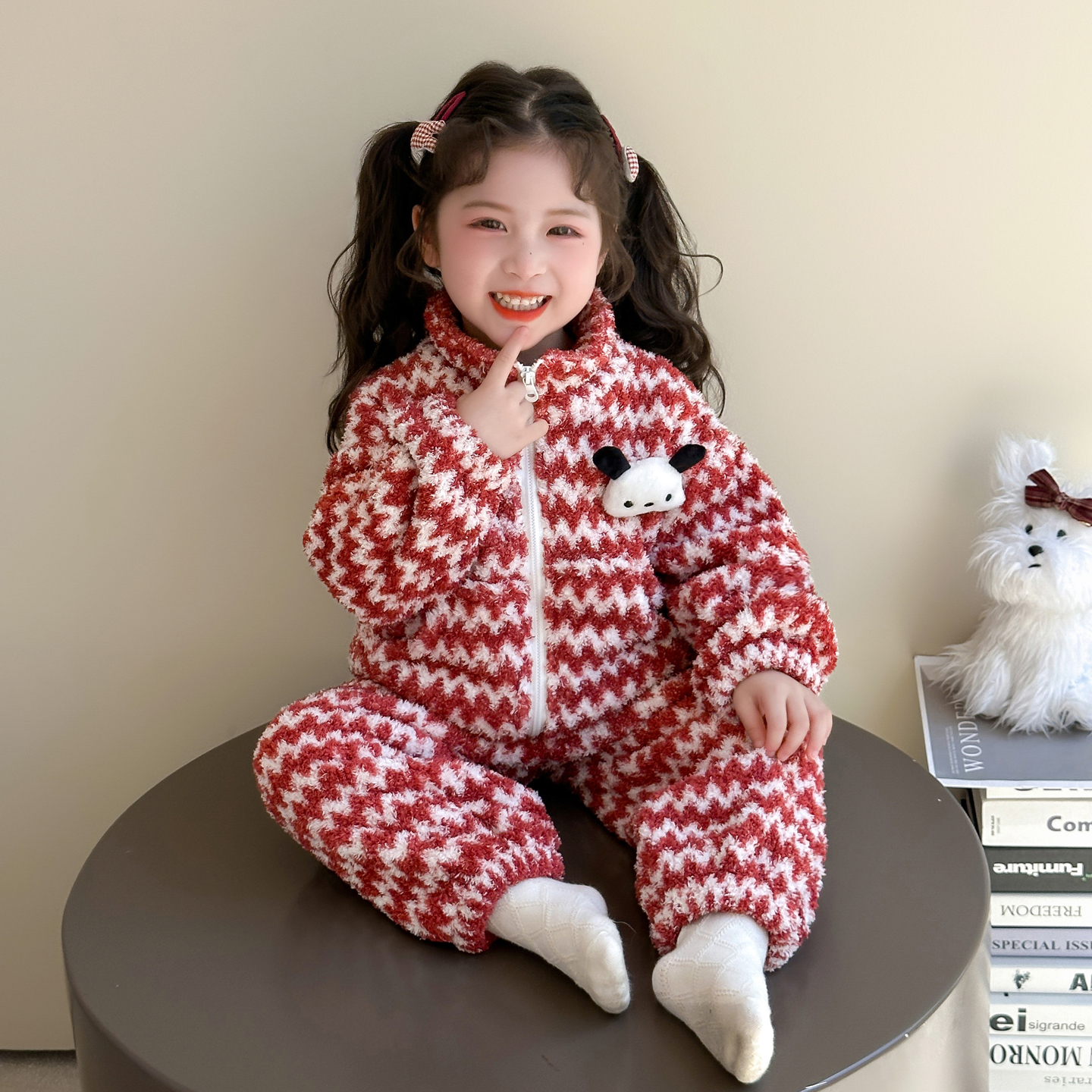 儿童睡衣女童秋冬款2025新款珊瑚绒宝宝波浪条纹家居服套装两件套