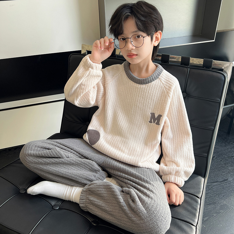 儿童装男童睡衣春秋冬款家居服加绒冬季大童加厚珊瑚绒男孩法兰绒