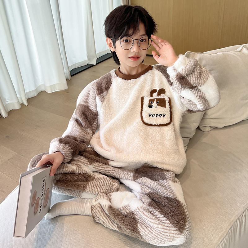 男童睡衣秋冬款家居服套装加绒保暖冬季大童加厚男孩珊瑚绒法兰绒