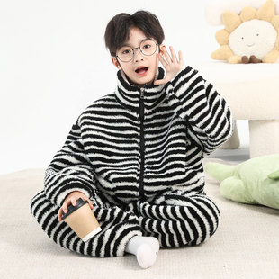 儿童套装男童睡衣冬季家居服大童加厚珊瑚绒秋冬款加绒男孩法兰绒