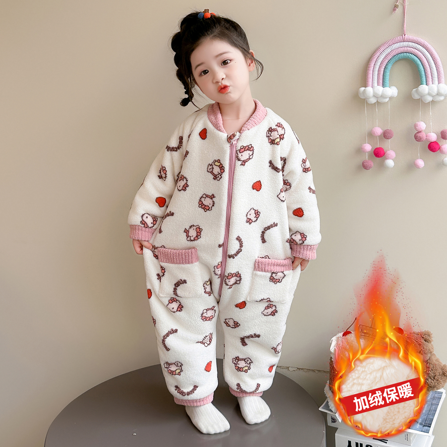 儿童睡衣连体衣女童秋冬款2025新款法兰绒双层加厚爬爬服中小童