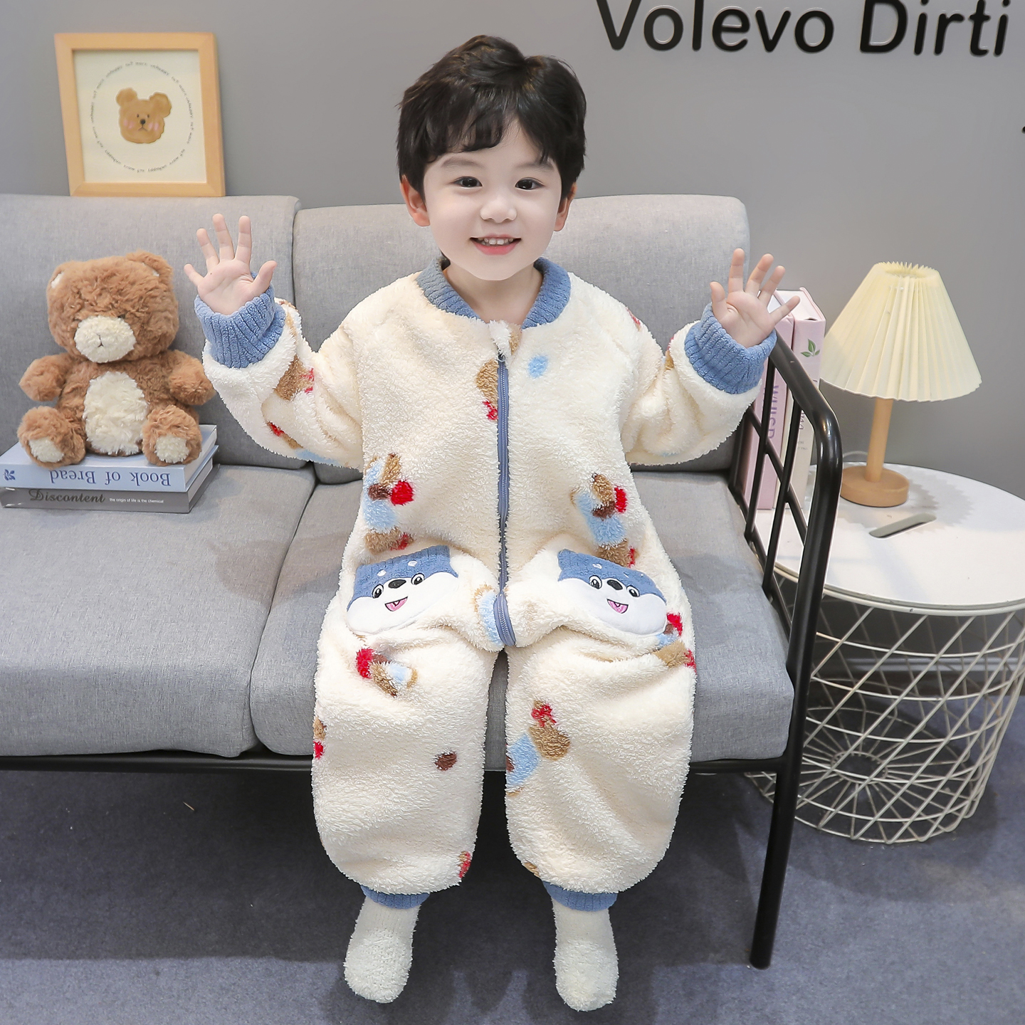 儿童睡衣男童秋冬款2025小米绒小狗口袋双层加厚连体衣中小童套装