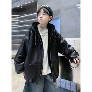 冬季 冬装 大童加厚夹克男孩潮 男童加绒皮衣外套2026秋冬新款 儿童装