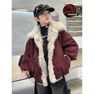 加绒加厚大童冬季 皮毛一体外套2026秋冬新款 皮衣潮 男童冬装 儿童装