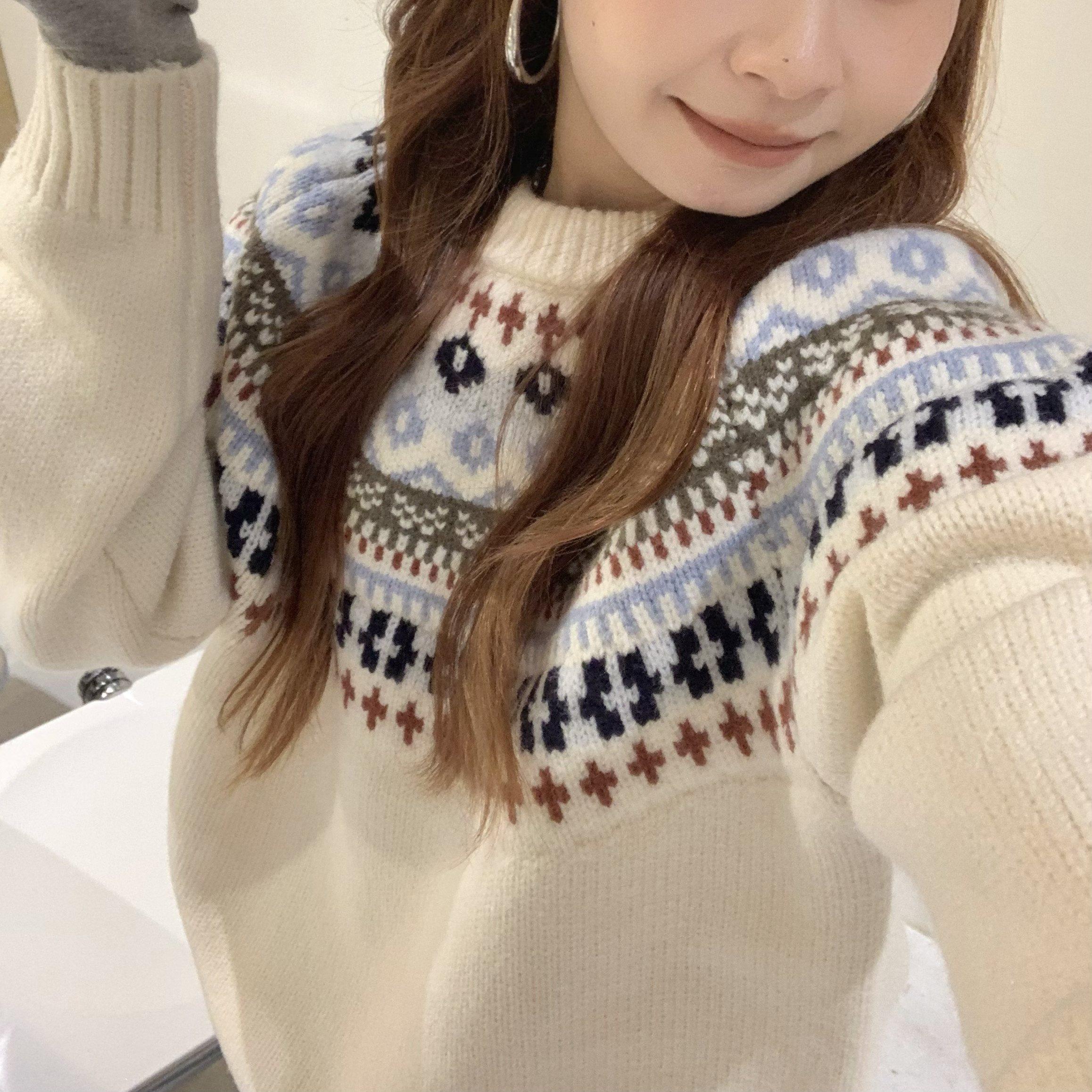 费尔岛甜美软糯毛衣女秋冬加厚百搭韩系提花慵懒风套头针织衫上衣