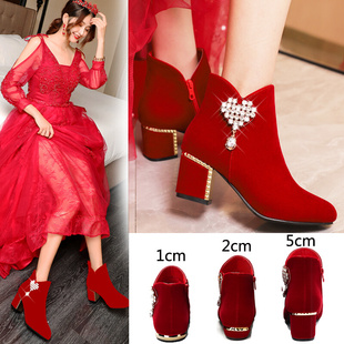 红色高跟鞋 冬季 女2023新款 婚鞋 粗跟结婚秀禾服婚纱两穿中跟新娘鞋