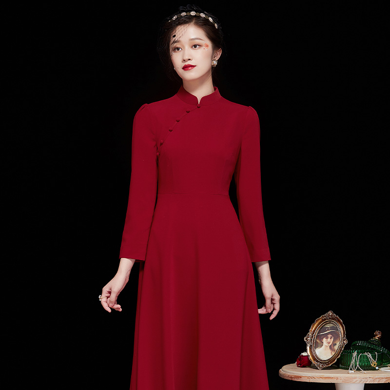 复古中国风长款红色旗袍连衣裙