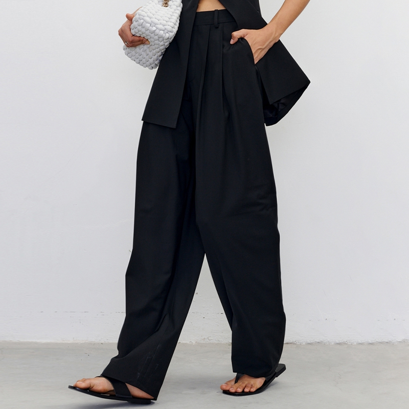 极简风黑色阔腿裤女高腰垂坠感松弛感老钱风休闲裤250189