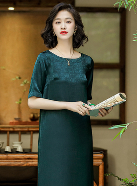 反季清  宽松妈妈连衣裙夏季新款夏季复古中国风墨绿色长款