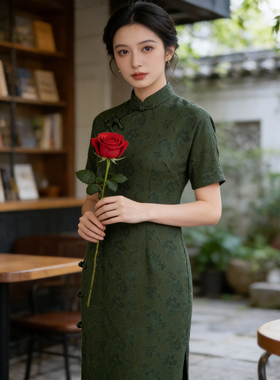 绿色气质优雅旗袍夏季2026年新款中国风盘扣全开襟日常改良连衣裙