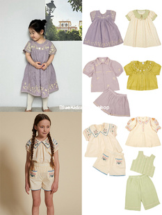 女童小众apo宝宝 夏季翻领衬衫上衣短裤套装重工亚麻刺绣连衣裙