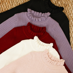 女童秋冬柔软半高领木耳边保暖内搭打底衫 宝宝百搭针织毛衣上衣