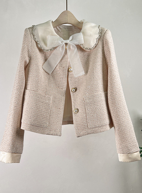 法式小香风外套2026春秋新款珠片绣拼接娃娃领粗花呢蝴蝶结上衣女