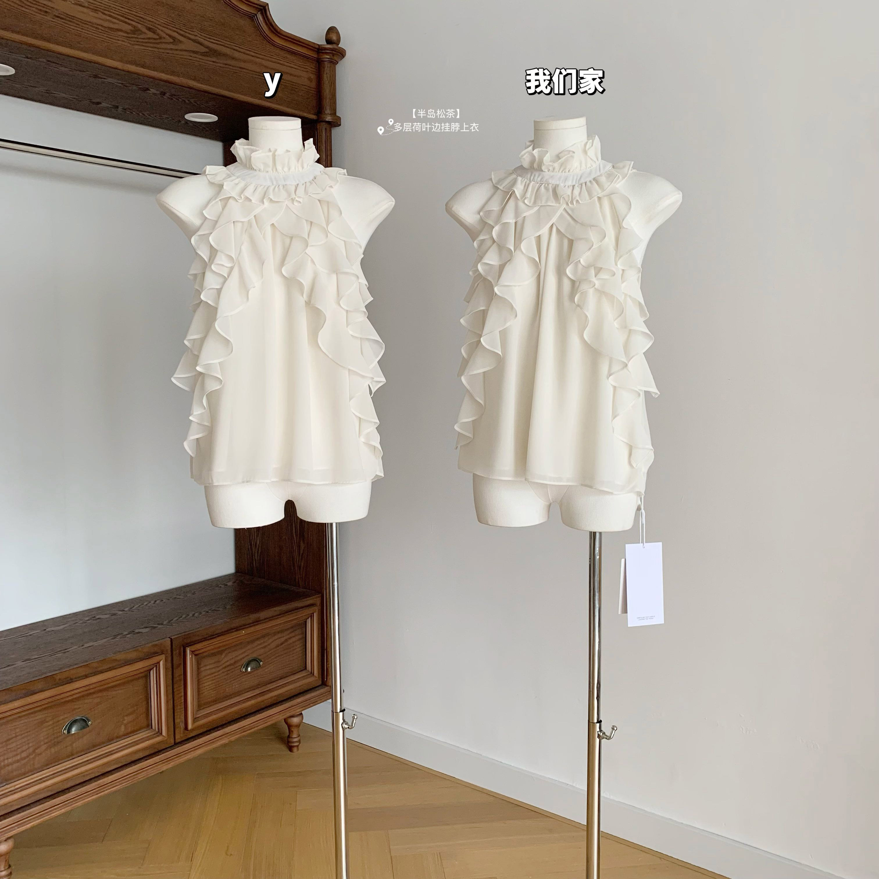 2026时尚新款打底衫多层荷叶边微透无袖挂脖雪纺衫纯欲露肩上衣女