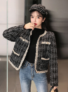 2026春秋新款名媛小香风短款外套女拼色包边开衫百搭显瘦格子上衣