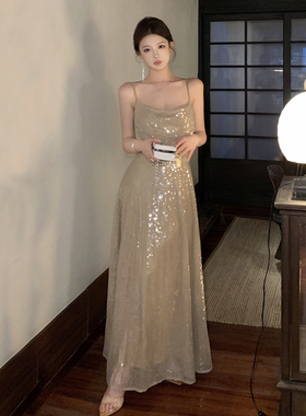金色性感亮片吊带连衣裙亮闪闪晚礼服裙轻奢小众高端party小礼服