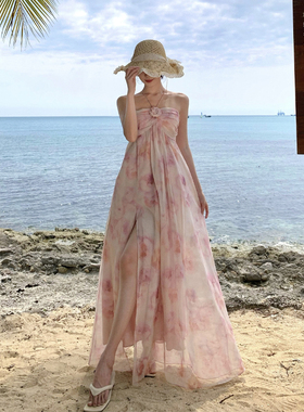三亚海边法式沙滩裙度假连衣裙碎花女开叉长裙海岛绝美穿搭ootd