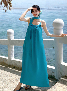 海边度假多巴胺沙滩吊带三亚长裙裙子连衣裙蓝色海滩海岛穿搭ootd