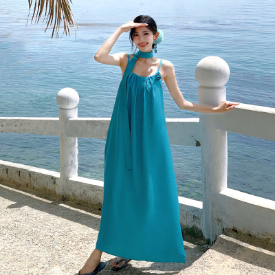 现货秒发！蓝色海边度假吊带长裙