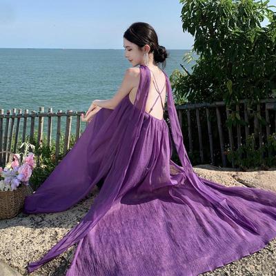 现货秒发三亚度假紫色吊带连衣裙