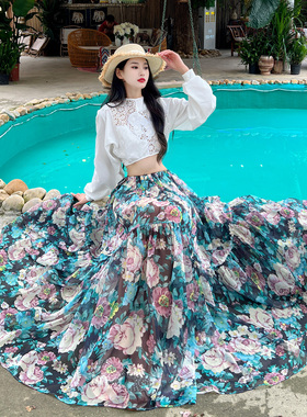 法式绝美海岛度假连衣裙白色泡泡袖上衣印花半身裙海边沙滩裙套装