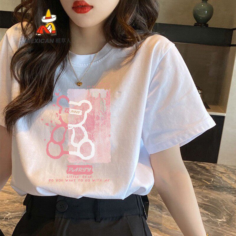 稻草人纯棉小熊短袖T恤女夏2026新款原宿风设计感小众白色半袖体