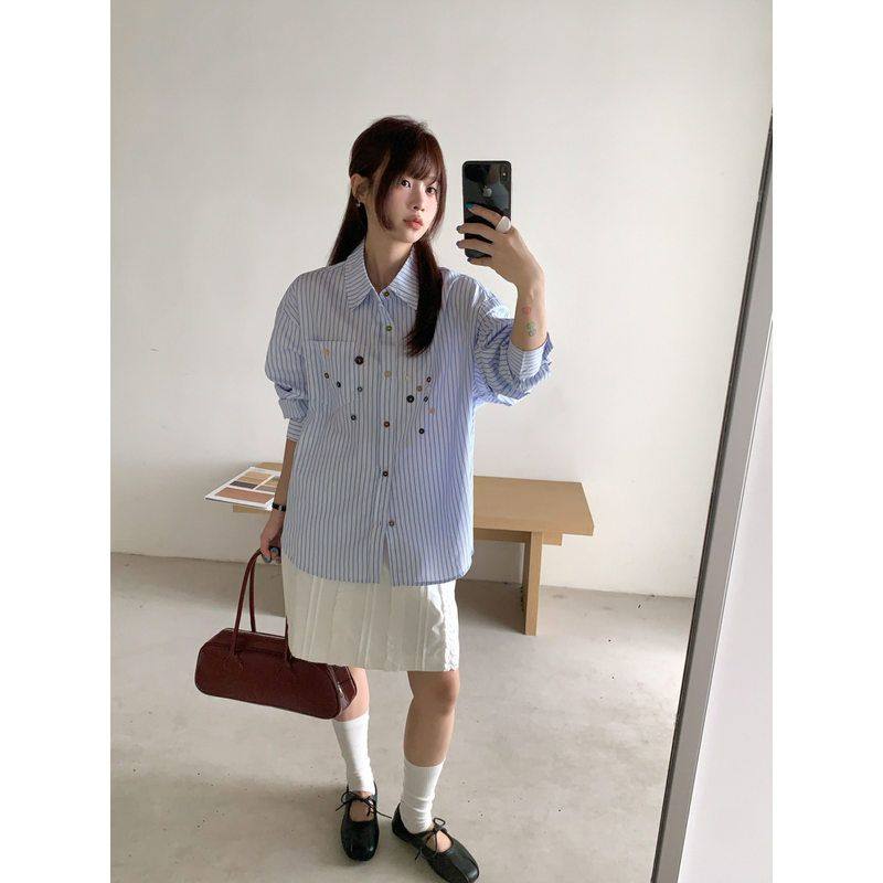 慵懒风蓝色条纹衬衫女 轻松in衬衫