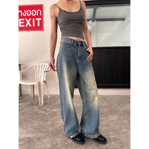 版型巨赞！高腰阔腿牛仔裤女做旧水洗美式复古宽松拖地长裤女秋季