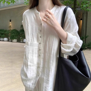 新中式白色亚麻衬衫外套女春秋宽松复古国风清冷禅意棉麻长袖上衣