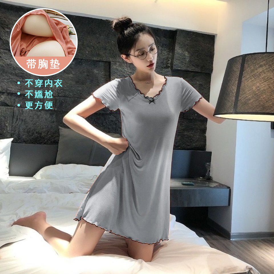 带胸垫莫代尔棉睡衣女夏短袖睡裙少女纯色薄款中裙孕妇宽松可外穿