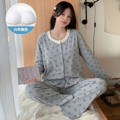 带胸垫睡衣女春秋季德绒薄绒甜美