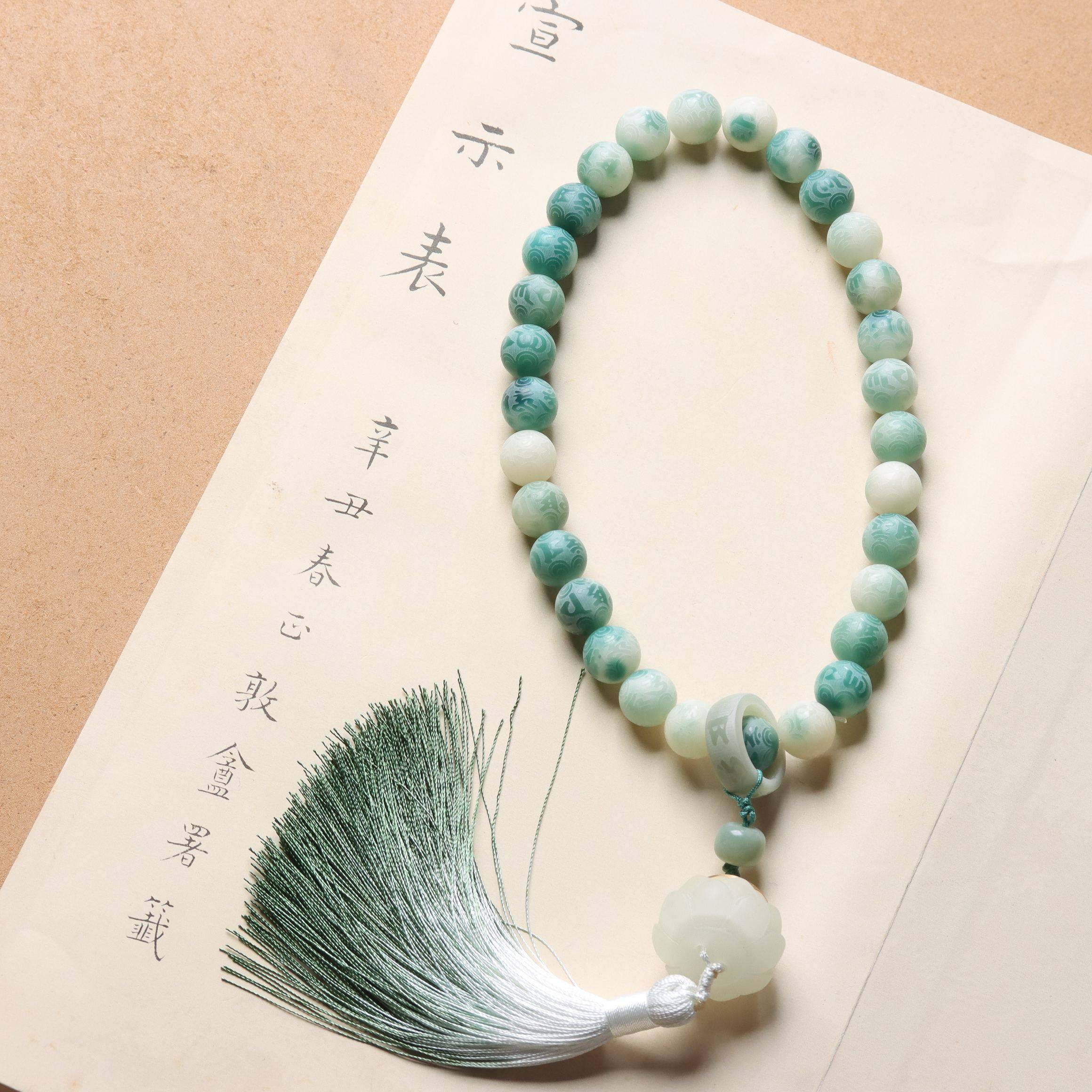 原生态菩提手持半山水高抛圆珠雕刻六字真言香囊吊风念珠盘玩车挂