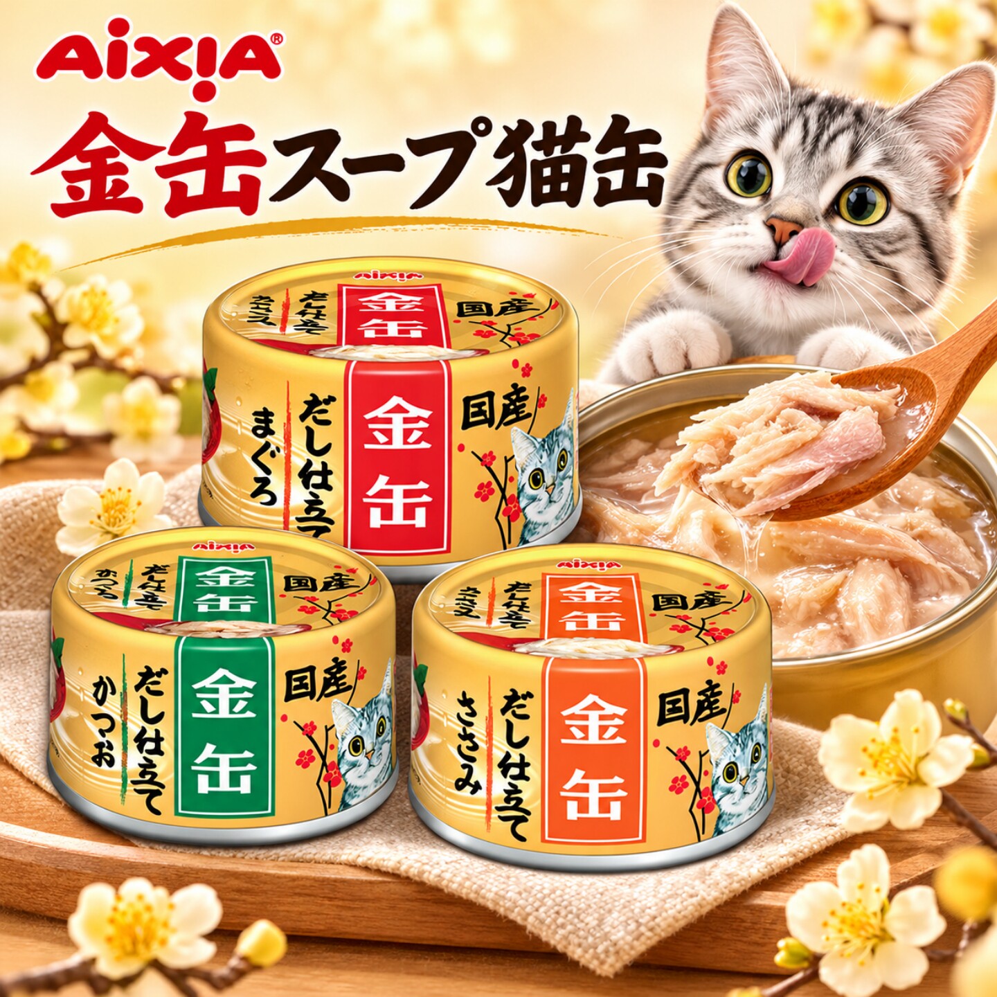 日本进口AIXIA爱喜雅浓厚高汤金缶罐头猫零食营养汤汁补水湿粮罐