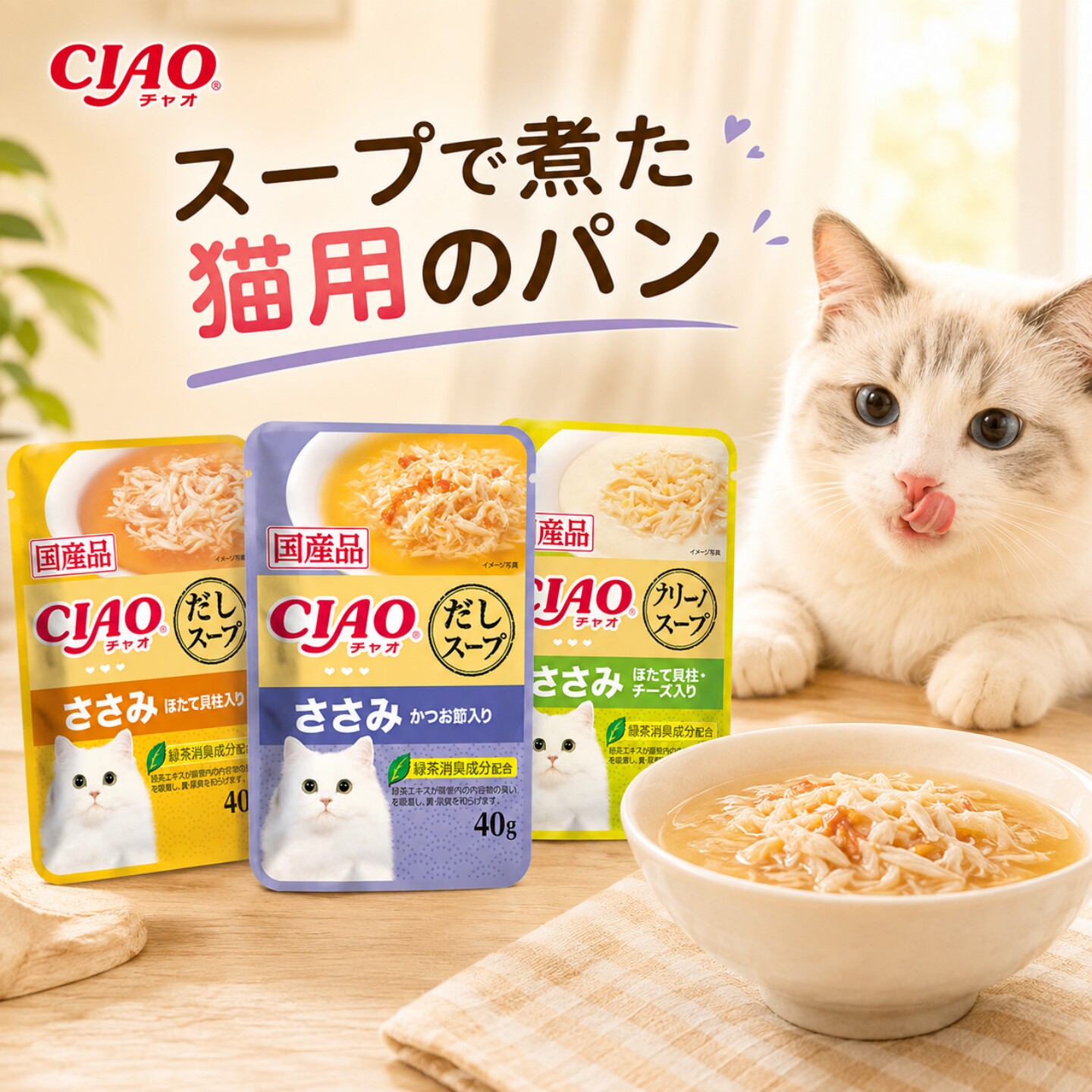 日本进口CIAO伊纳宝猫咪金枪鱼鸡肉瑶柱高汤营养湿粮餐包成猫零食