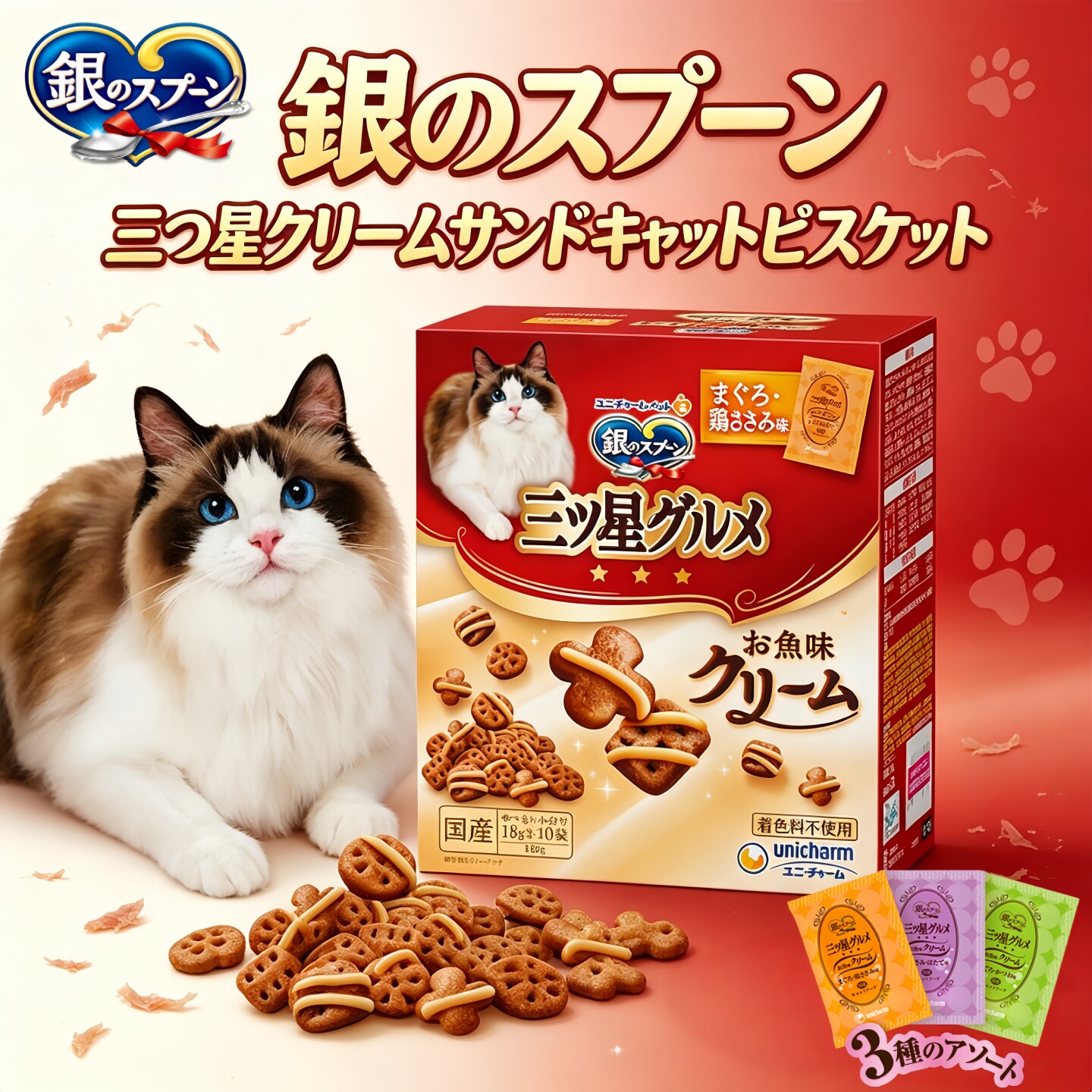 日本进口银勺三星奶油猫饼干零食