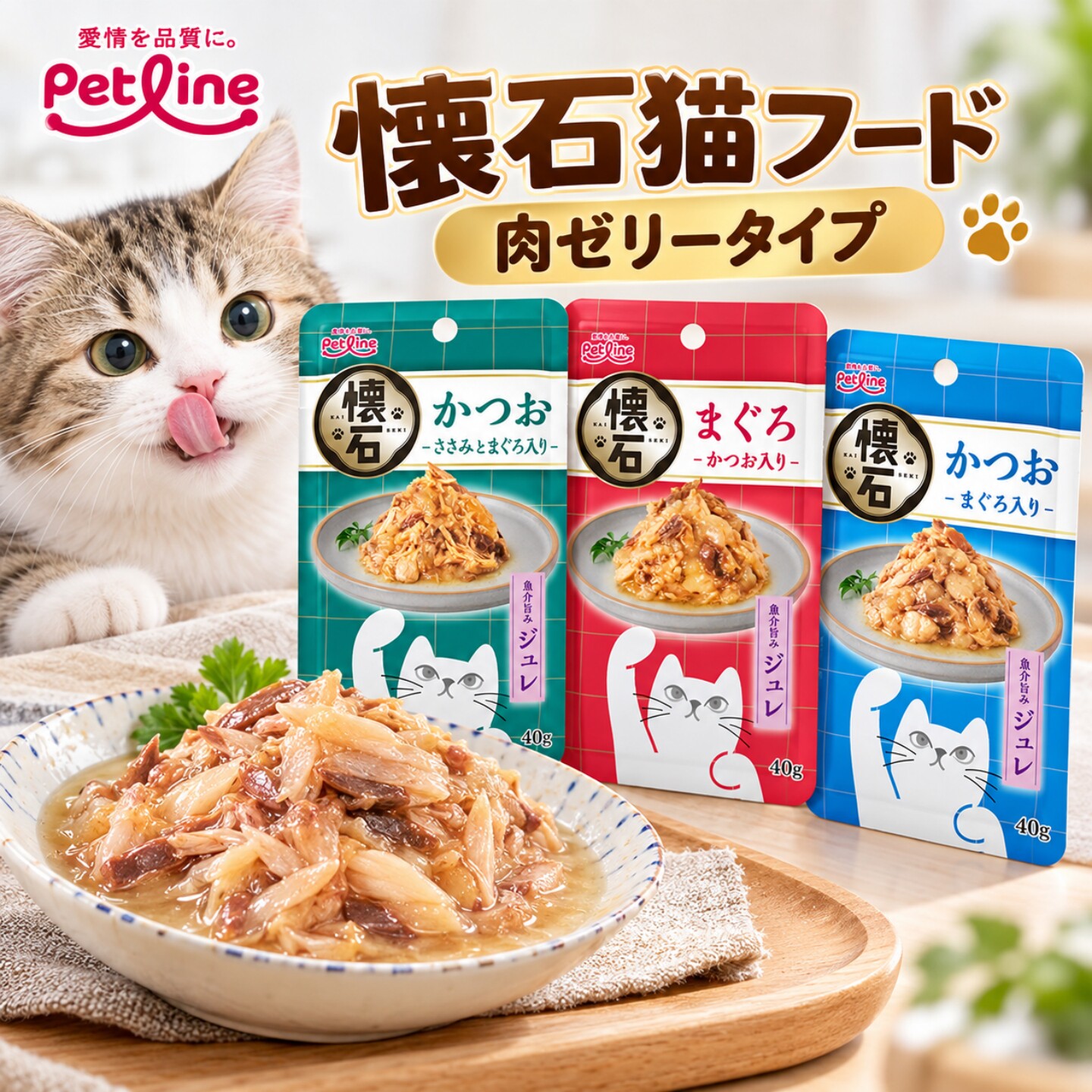 日本进口日清怀石Petline奢侈料理猫餐包猫粮补水海鲜湿粮肉冻款