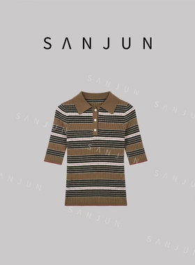 SANJUN【初祈】撞色高级感条纹POLO领精致百搭短袖 ZS61S045