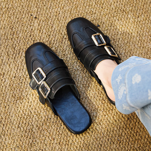 【叶小欧】英伦风一脚蹬包头凉鞋半包半拖勃肯鞋平底韩式穆勒女鞋