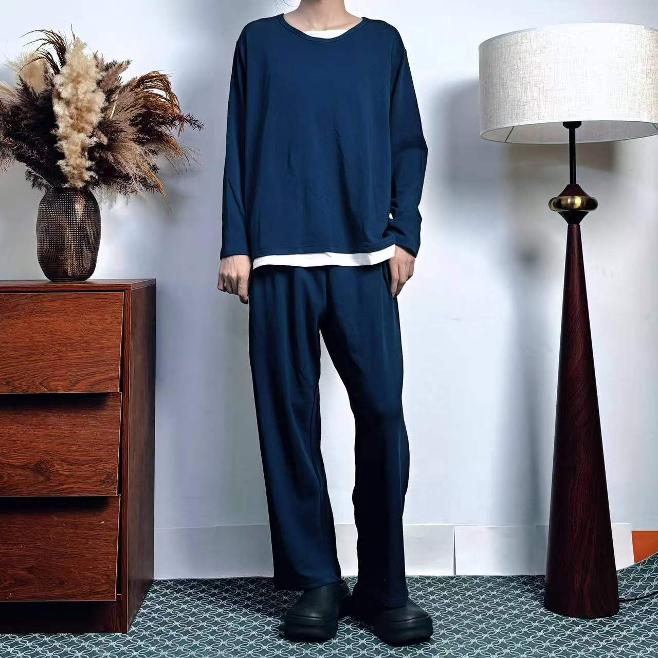 秋冬款净版纯棉假两件情侣款家居套服