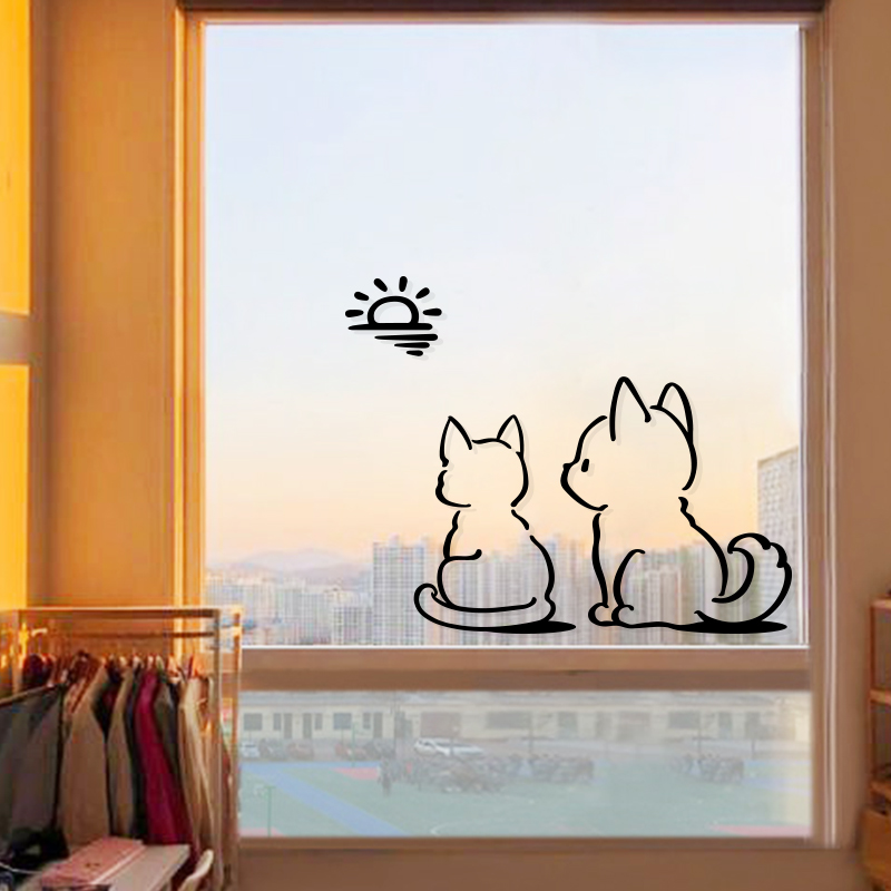 简约猫咪小狗贴纸卧室客厅阳台玻璃门窗装饰贴画家居布置窗花贴图片